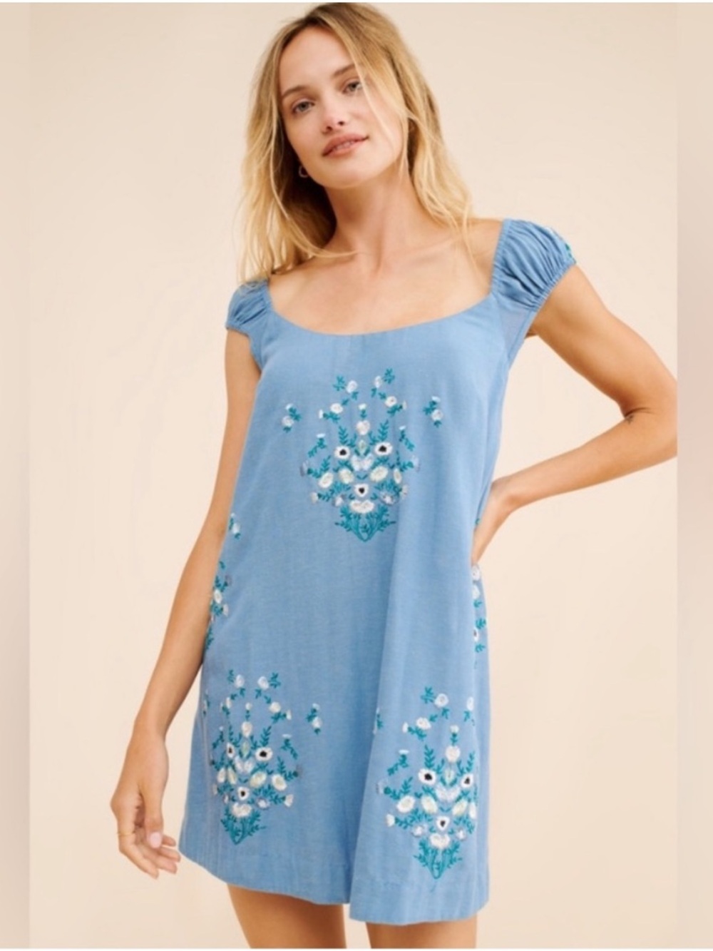 Free People Wildflower Embroidered Linen Blend Mini Dress - L